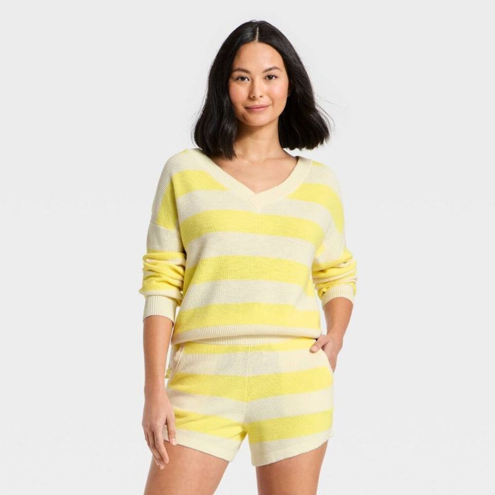 Women's Striped V-Neck Sweater Top - JoyLab Yellow/Cream Stripe M